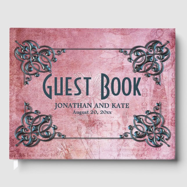 Pink Red Vintage-Inspired Personalised Wedding Guest Book (Front)