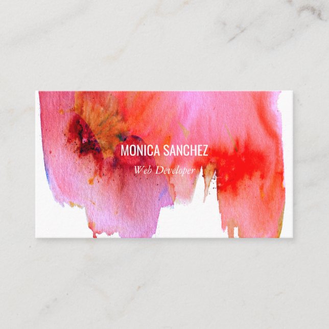 Pink red watercolor abstract business card design (Front)