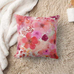 Pink Red Watercolor Floral Cushion