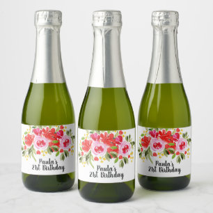 Pink Red Watercolor Floral Mini Sparkling Wine Label