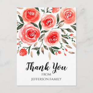 Pink Red Watercolor Floral Roses Thank You Postcard