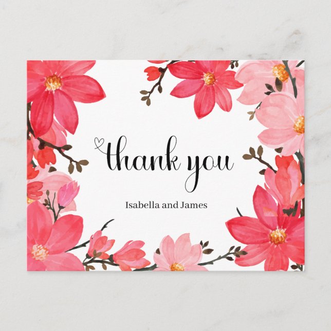 Pink & Red Watercolor Floral Thank you Postcard (Front)
