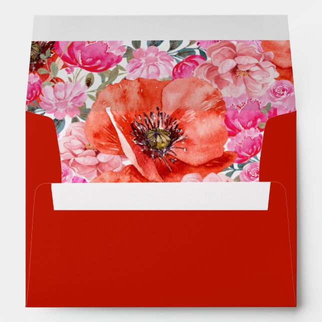 Pink & Red Watercolor Floral Wedding Envelope (Back (Bottom))