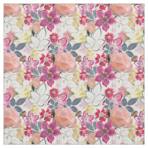 Pink, red watercolor flowers. fabric
