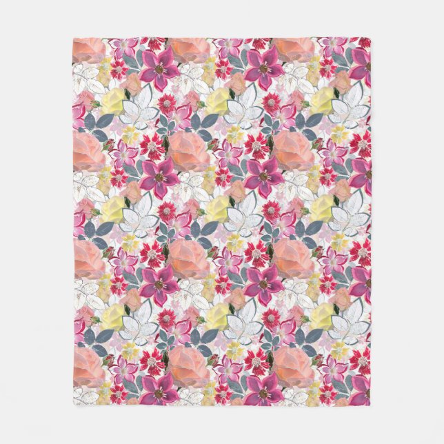 Pink, red watercolor flowers.  fleece blanket (Front)