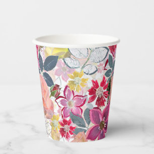 Pink, red watercolor flowers. paper cups
