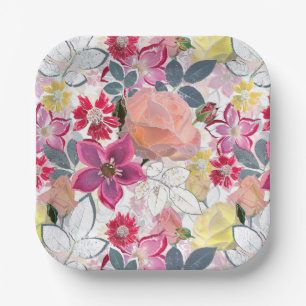 Pink, red watercolor flowers. paper plate