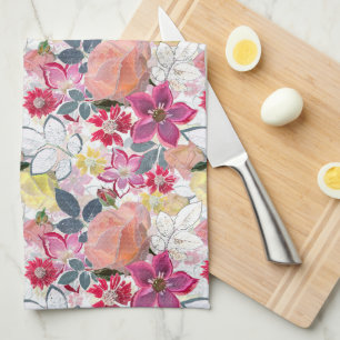 Pink, red watercolor flowers.  tea towel