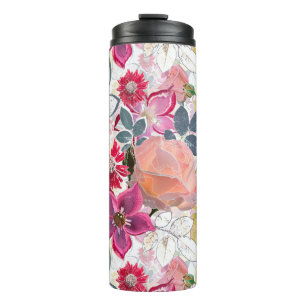 Pink, red watercolor flowers.  thermal tumbler