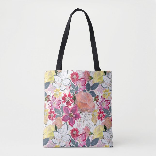 Pink, red watercolor flowers.  tote bag (Front)