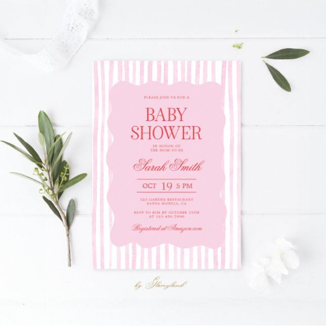 Pink Red Wavy Baby Shower Girl Invitation (Creator Uploaded)