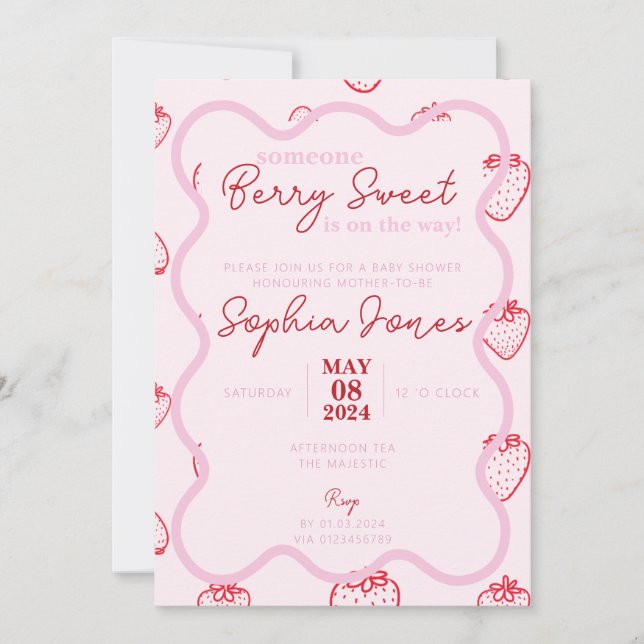 Pink red wavy berry sweet girl baby shower invitation (Front)