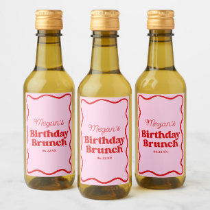 Pink Red Wavy Border Birthday Brunch Party Mini Wine Label