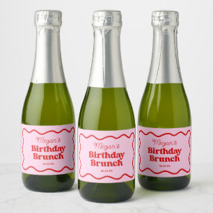 Pink Red Wavy Border Birthday Brunch Party Sparkling Wine Label