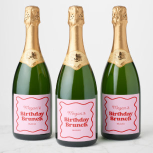 Pink Red Wavy Border Birthday Brunch Party Sparkling Wine Label