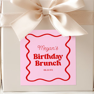 Pink Red Wavy Border Birthday Brunch Party Square Sticker