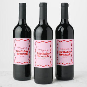 Pink Red Wavy Border Birthday Brunch Party Wine Label