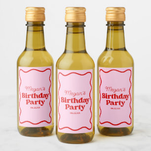Pink Red Wavy Border Birthday Party Mini Wine Label