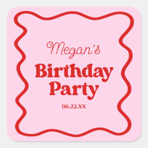 Pink Red Wavy Border Birthday Party Square Sticker