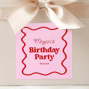 Pink Red Wavy Border Birthday Party Square Sticker