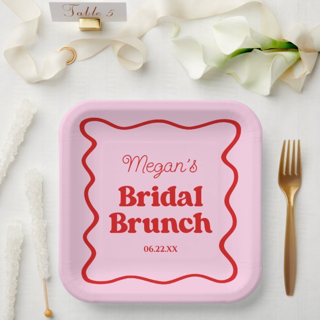 Pink Red Wavy Border Bridal Shower Brunch Paper Plate (Wedding)