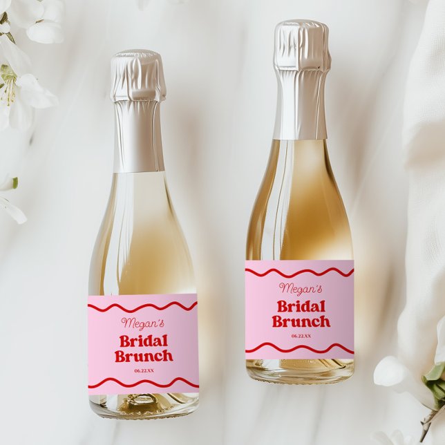 Pink Red Wavy Border Bridal Shower Brunch Sparkling Wine Label (Creator Uploaded)
