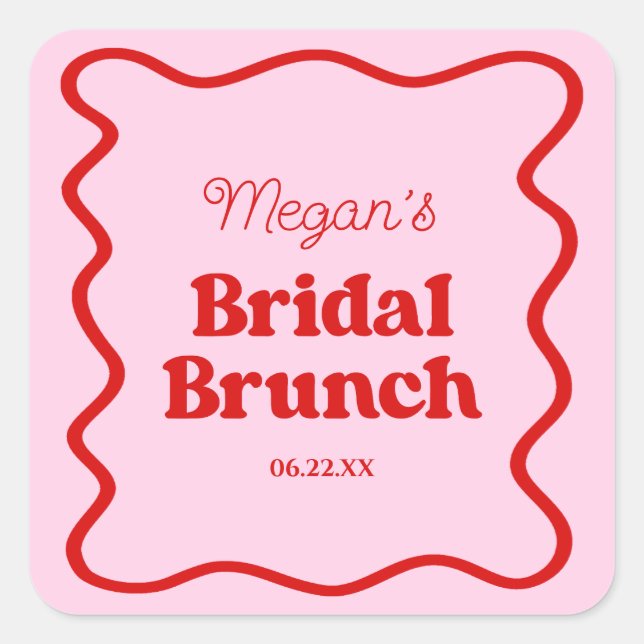 Pink Red Wavy Border Bridal Shower Brunch Square Sticker (Front)