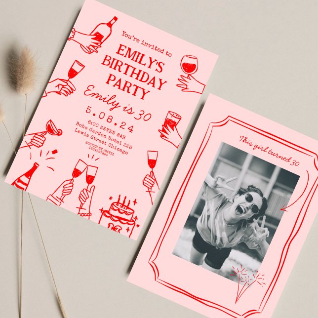 Pink Red Whimsical Funky Quirky  30 th Birthday Invitation (Creator Uploaded)