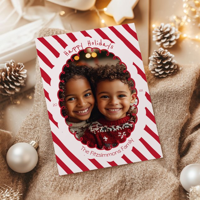 Pink & Red Whimsical Striped Holiday Photo Card (Hand Drawn Candy Cane Striped Photo card)