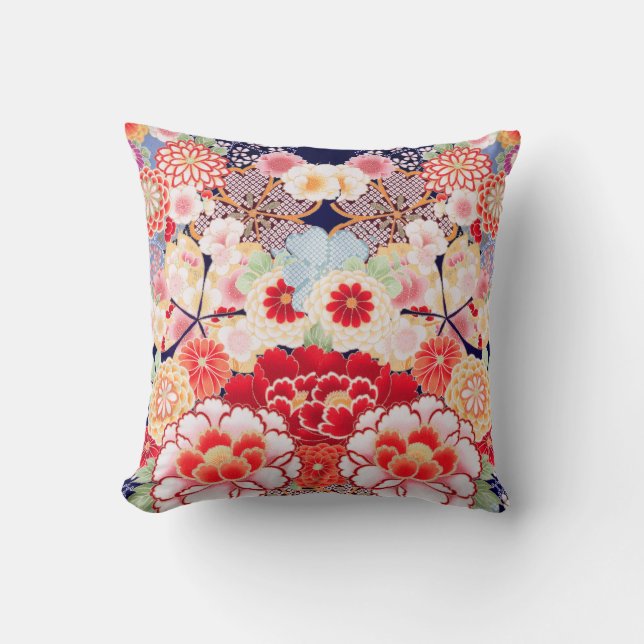 PINK RED WHITE FLOWERS Peony,Roses Japanese Floral Cushion (Front)
