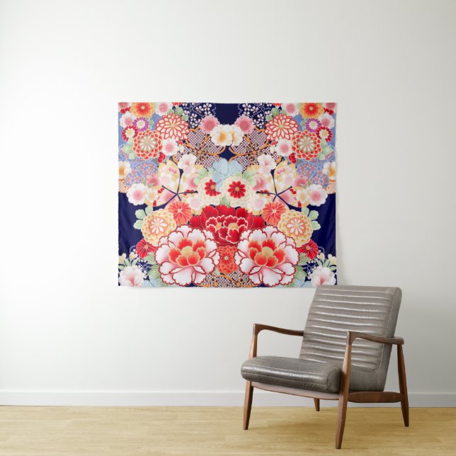 PINK RED WHITE FLOWERS Peony,Roses Japanese Floral Tapestry (In Situ (Horizontal))