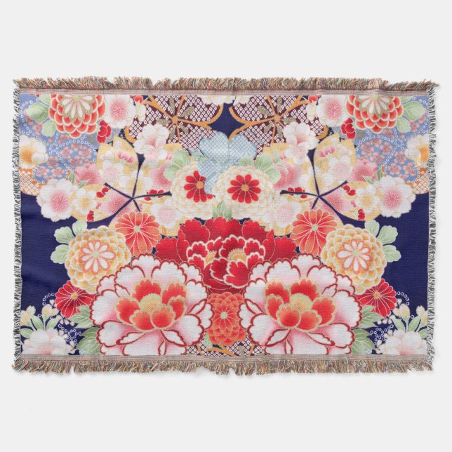 PINK RED WHITE FLOWERS Peony,Roses Japanese Floral Throw Blanket (Front)