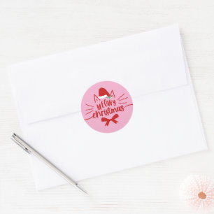 Pink Red White Santa Hat Bow Cat Meowy Christmas Classic Round Sticker