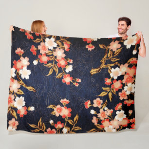 PINK RED WHITE SPRING FLOWERS , DEEP BLUE FLORAL FLEECE BLANKET