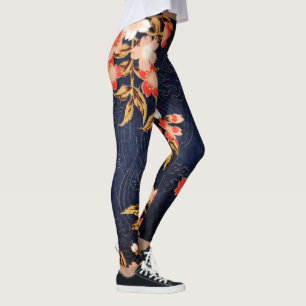 PINK RED WHITE SPRING FLOWERS DEEP BLUE FLORAL LEGGINGS