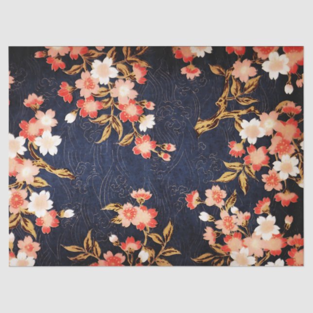 PINK RED WHITE SPRING FLOWERS DEEP BLUE FLORAL TISSUE PAPER (Front)