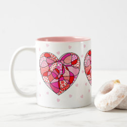 Pink/Red/White Triple Doodle Pattern Heart Mug