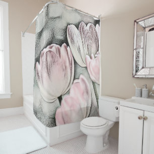 Pink Red White Tulips Vintage Drawing Shower Curtain