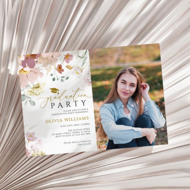 Pink & Red Wildflowers Photo Graduation Party Invitation (Creator Uploaded)