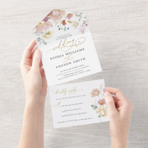 Pink & Red Wildflowers Wedding  All In One Invitation