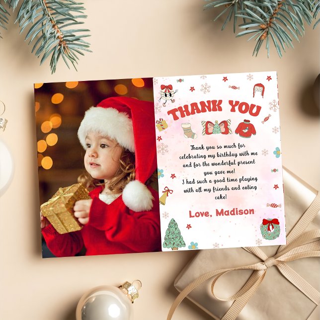 Pink Red Winter Christmas Birthday Photo Thank You Card (Creator Uploaded)