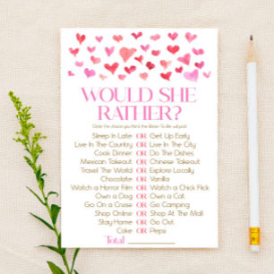 Pink Red Would She Rather? Bridal Shower Game Stationery