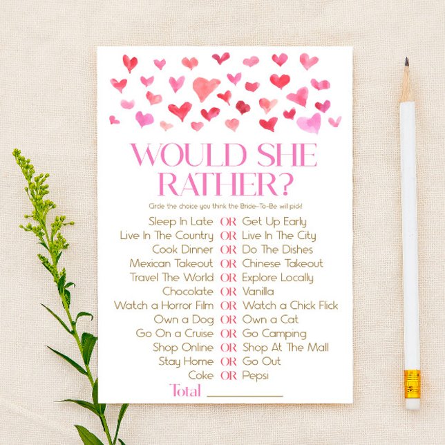 Pink Red Would She Rather? Bridal Shower Game Stationery (Creator Uploaded)