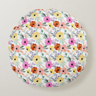 Pink, Red, Yellow Floral Flowers Watercolor  Round Cushion