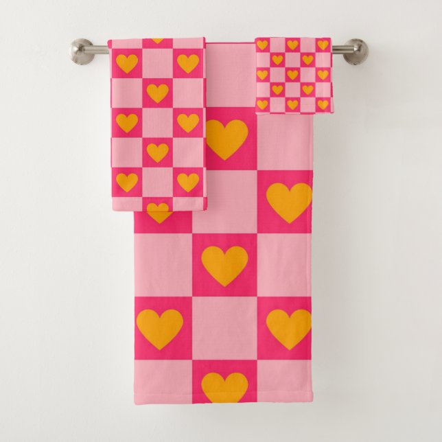 Pink Red Yellow Heart Love Chequered Y2K Pattern Bath Towel Set (Insitu)