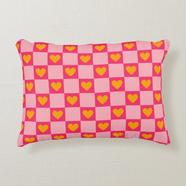 Pink Red Yellow Heart Love Chequered Y2K Pattern Decorative Cushion (Front)