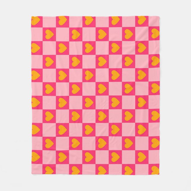 Pink Red Yellow Heart Love Chequered Y2K Pattern Fleece Blanket (Front)