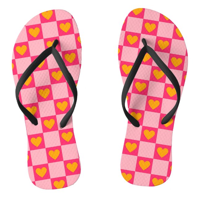 Pink Red Yellow Heart Love Chequered Y2K Pattern Jandals (Footbed)
