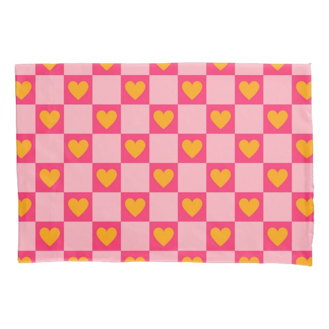 Pink Red Yellow Heart Love Chequered Y2K Pattern Pillowcase (Front)