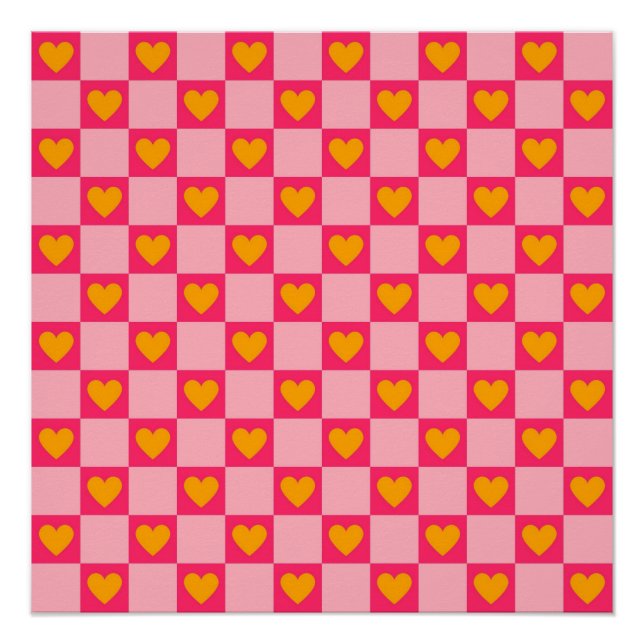 Pink Red Yellow Heart Love Chequered Y2K Pattern Poster (Front)